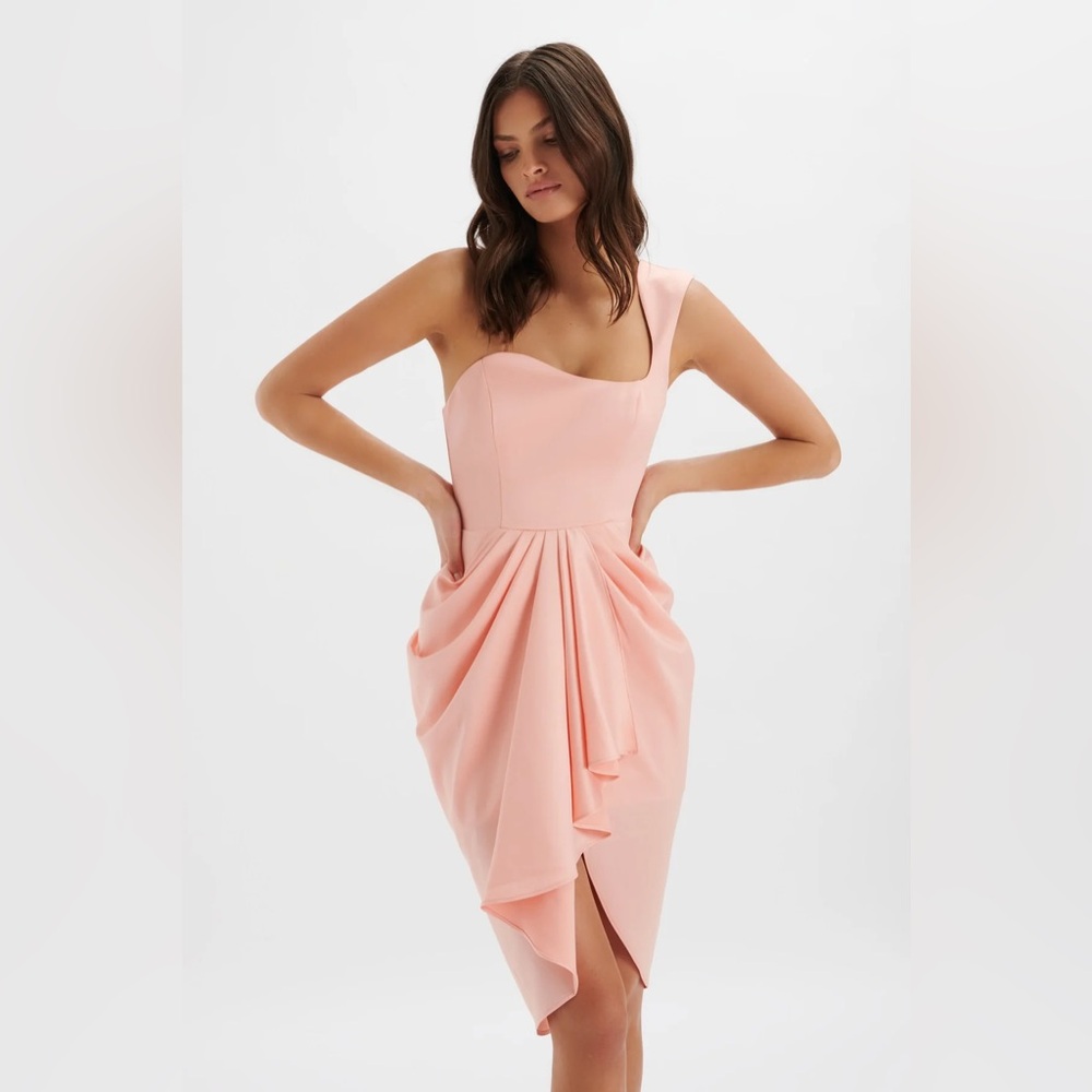 LUCIANA CURVED ONE SHOULDER MIDI DRESS IN CORAL SATIN lavish Alice